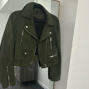 Olive green Zara cropped suede biker jacket
